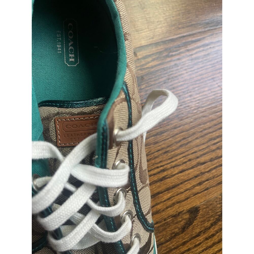 Coach Barrett womens brown signature logo sneakers with green trim Sz. 9 - Picture 6 of 7